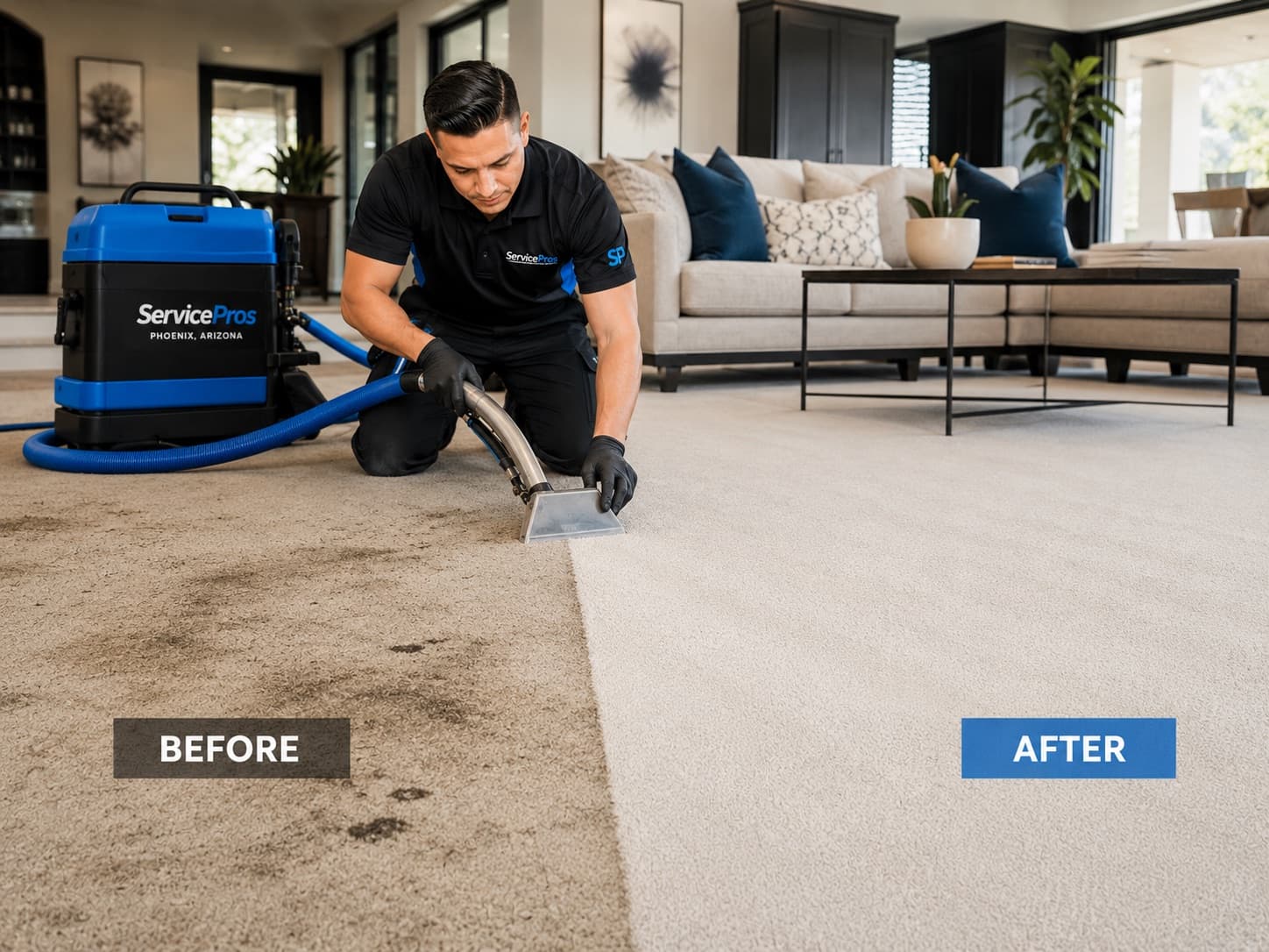 Before and after carpet cleaning comparison in a Phoenix living room by ServicePros