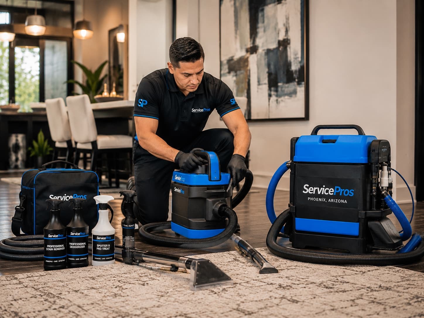 ServicePros commercial cleaning equipment — truck-mounted extractor, spotter, antimicrobial