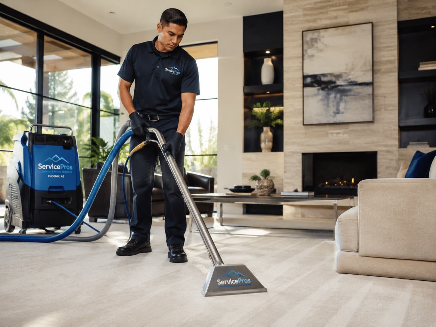 ServicePros carpet cleaning technician deep cleaning a Phoenix home