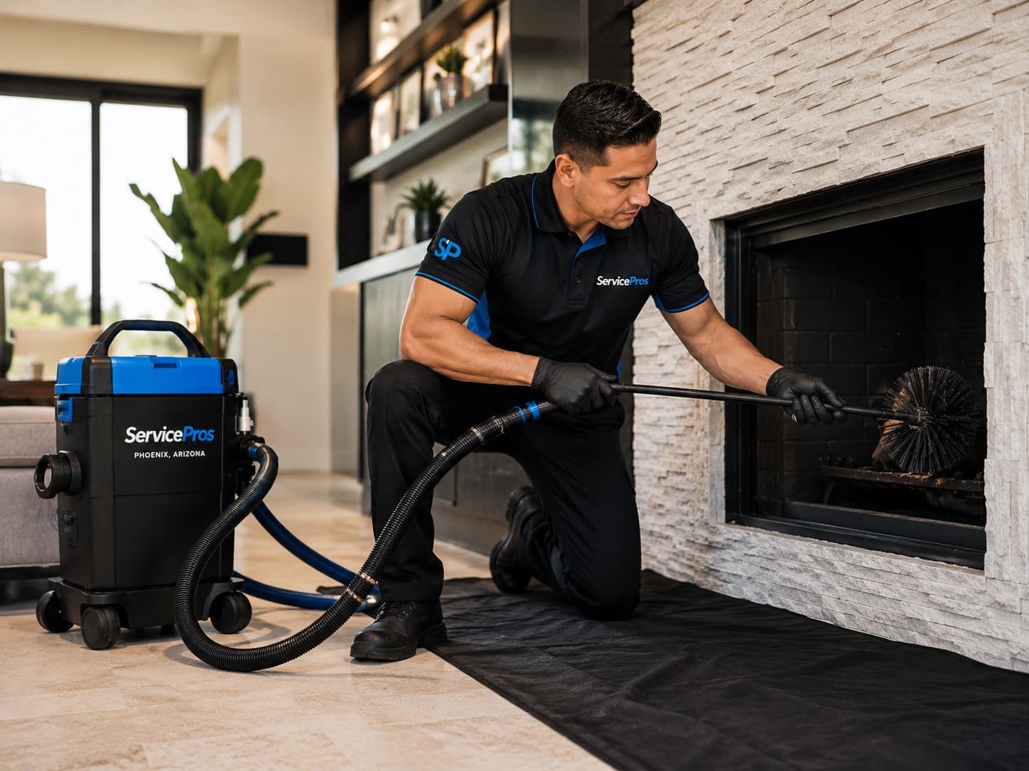 Chimney sweep cleaning a Phoenix fireplace flue — ServicePros