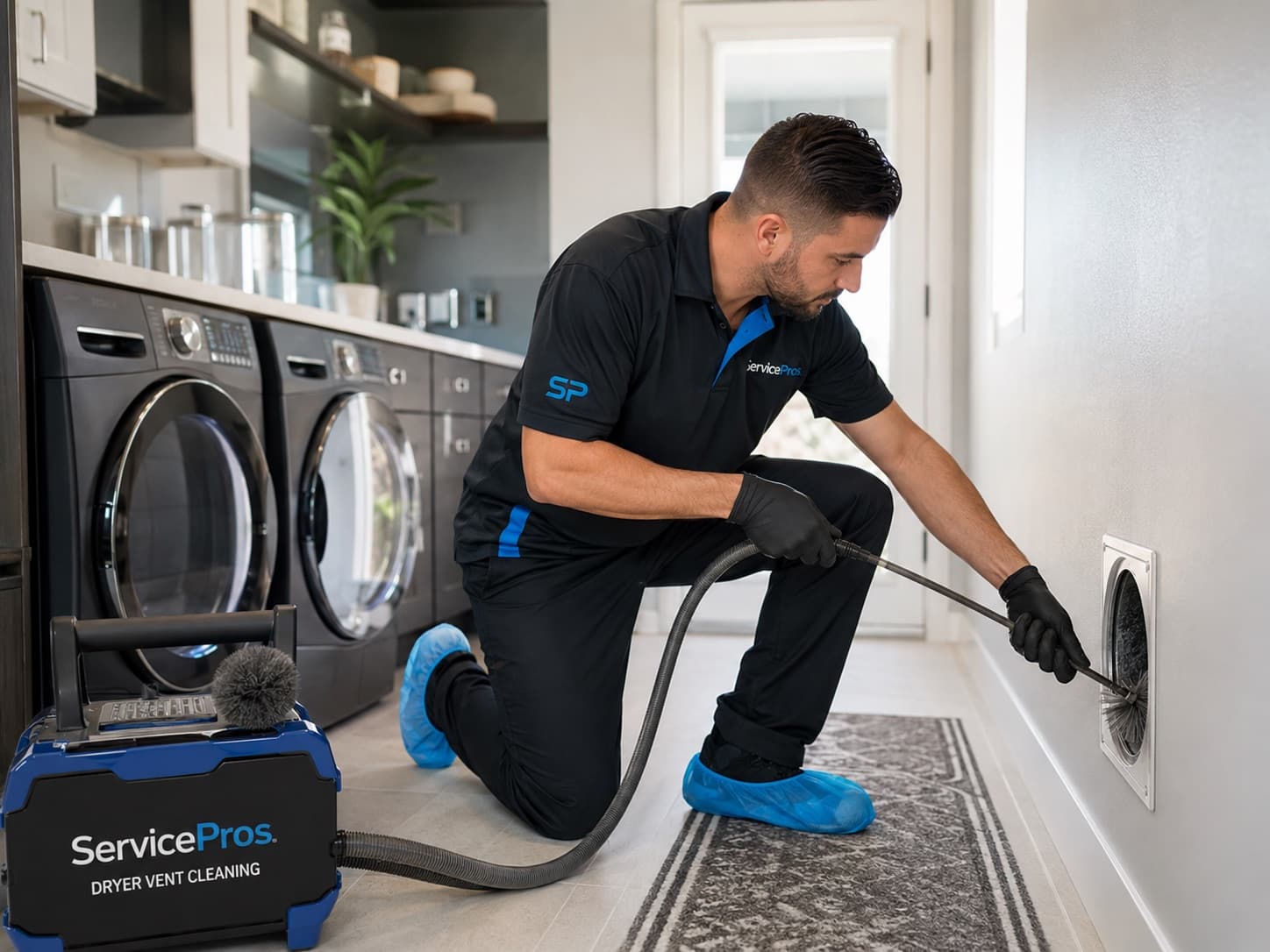 Dryer vent cleaning technician in a Phoenix laundry room — ServicePros