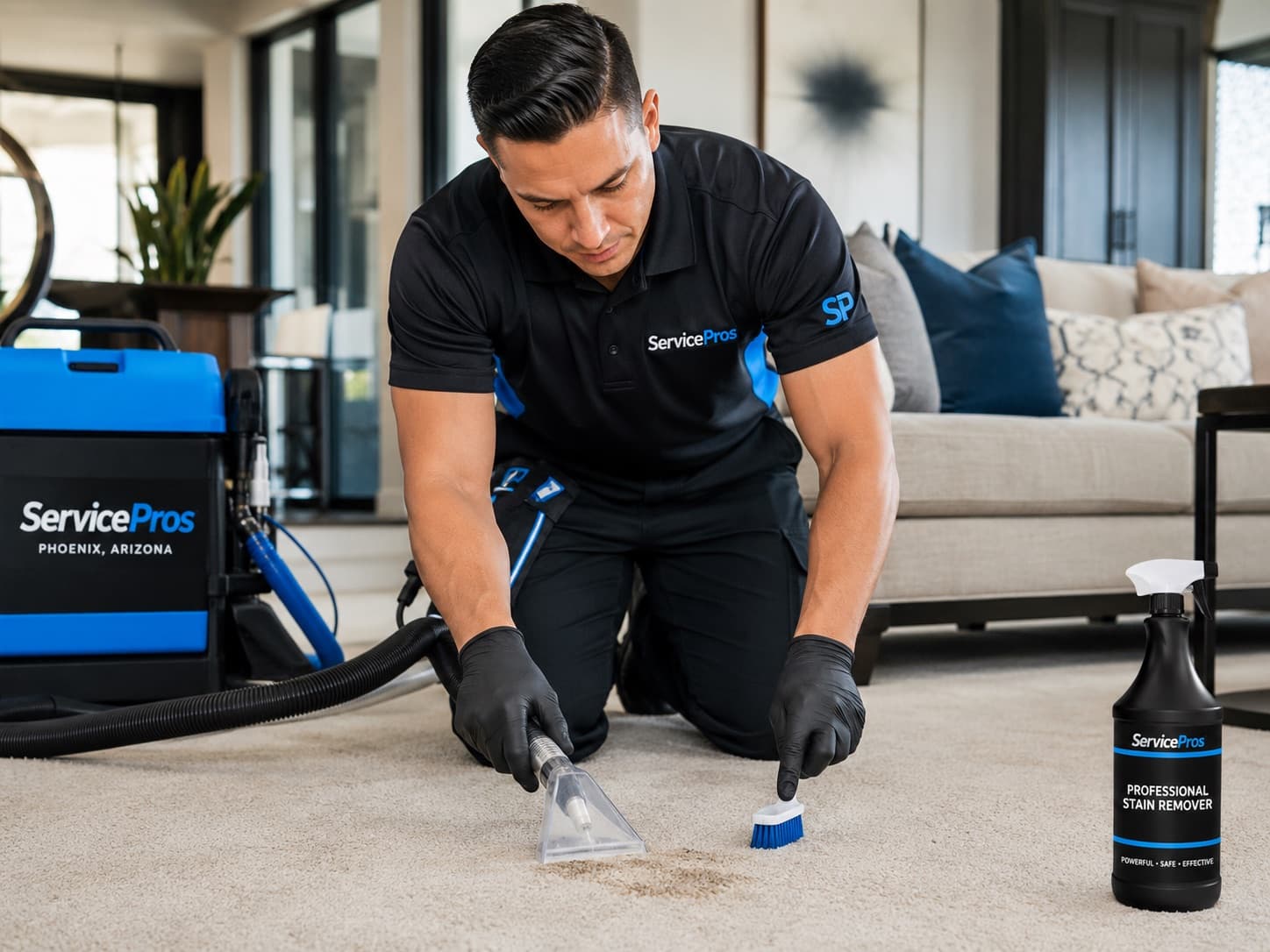 Professional carpet stain removal by a ServicePros technician in Phoenix