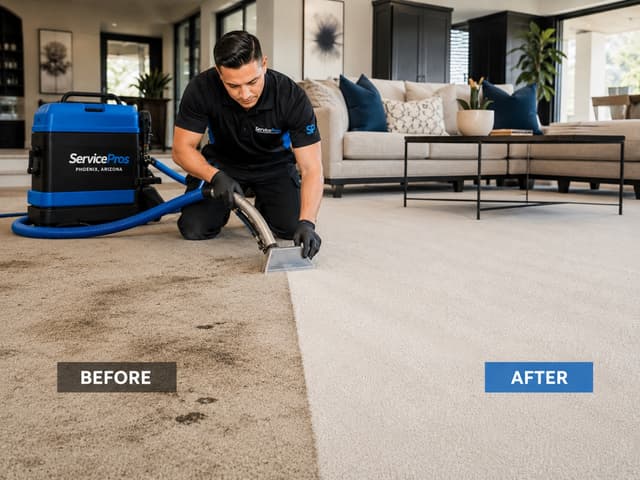 Before and after carpet cleaning comparison in a Phoenix living room by ServicePros