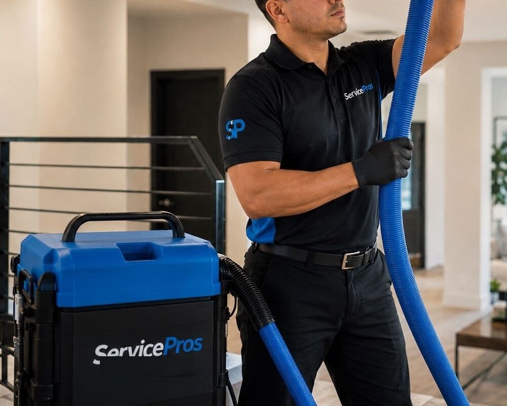 ServicePros duct-cleaning equipment — negative-pressure vacuum and hose