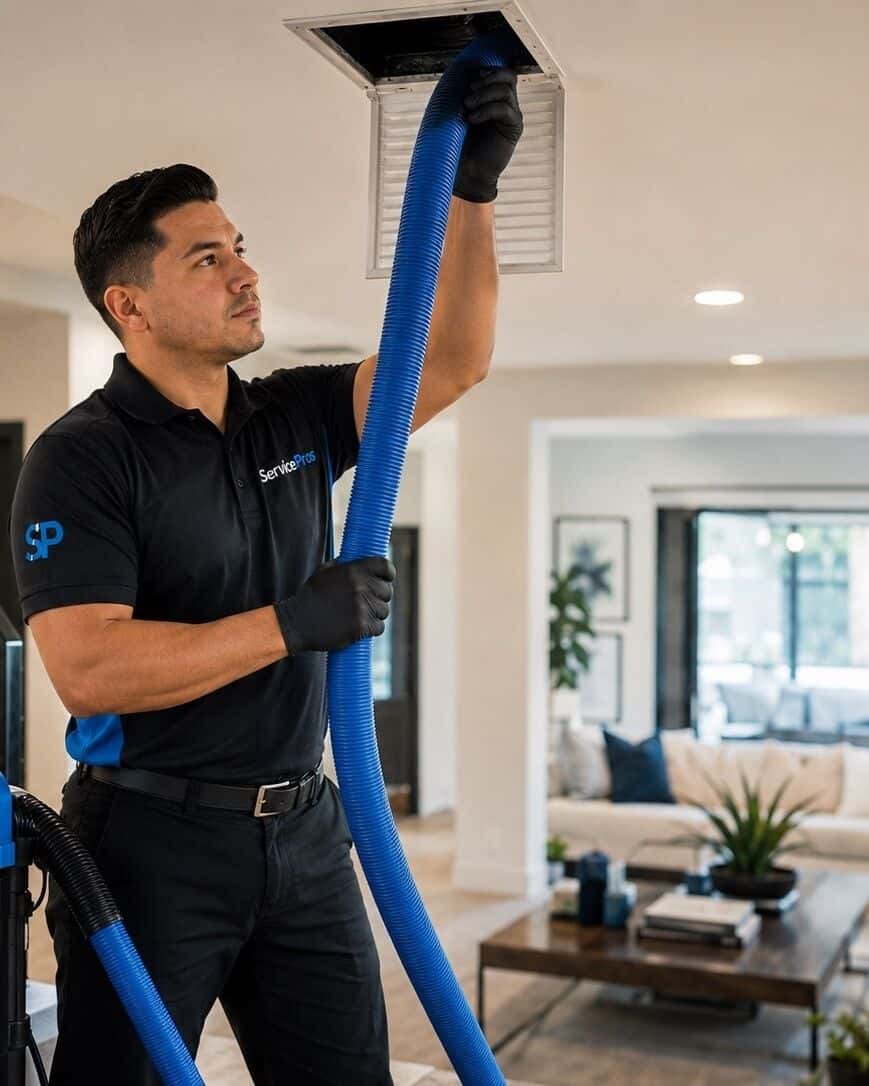 ServicePros technician cleaning a home air duct