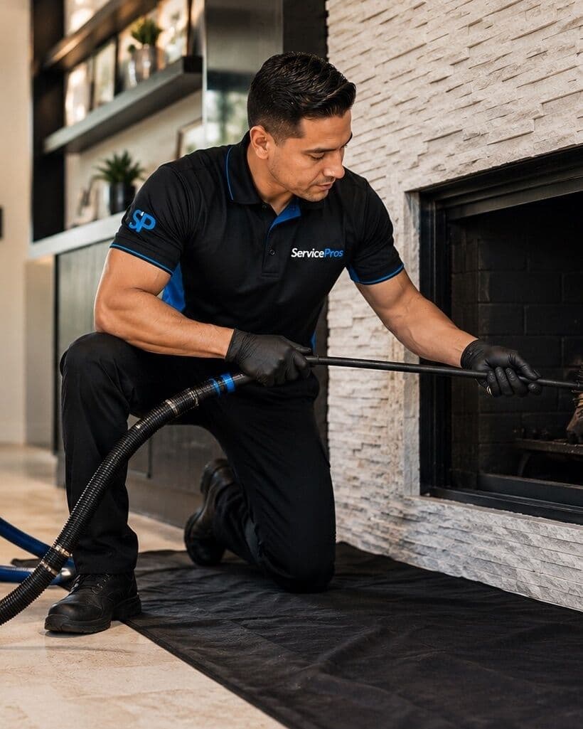 ServicePros chimney technician sweeping a fireplace flue